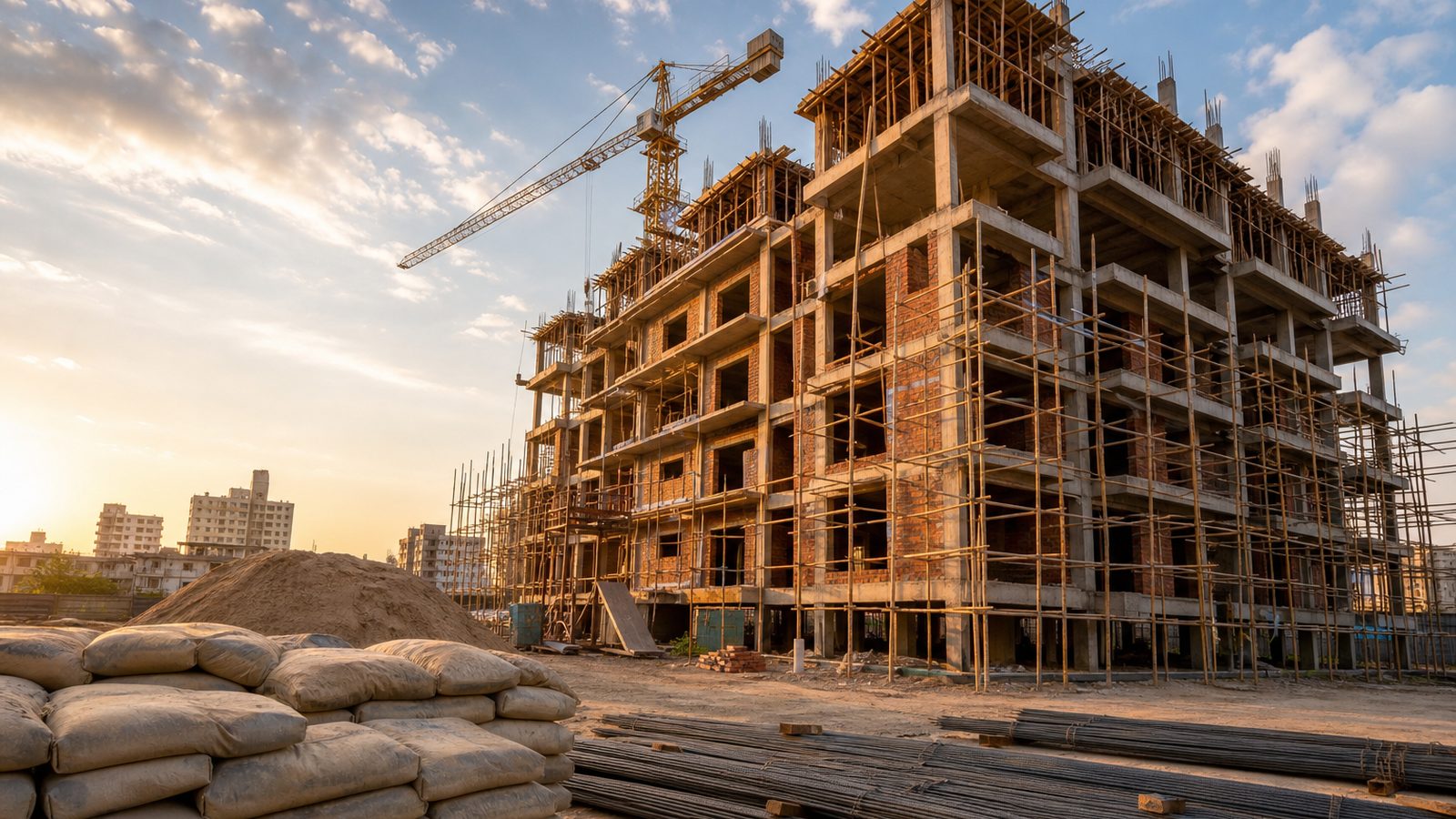 Building under construction with tower crane and scaffolding at golden hour — QYE International construction division